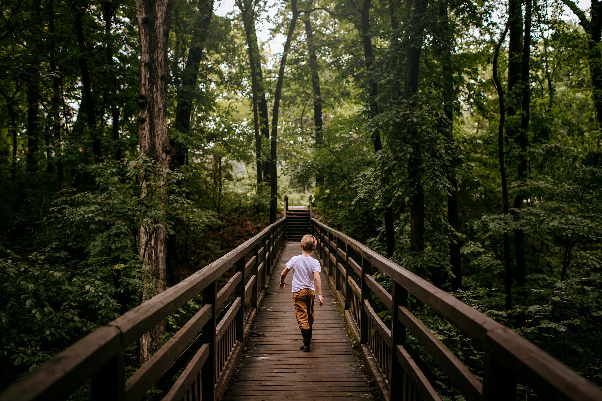 boy walking on bridge at wildwood meteropark in Toledo, Ohio